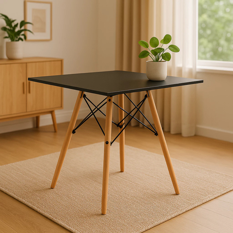 Mesa Eames Eiffel Quadrado Tampo de Madeira 90cm Preto