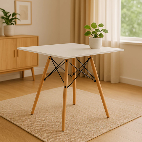 Mesa Eames Eiffel Quadrado Tampo de Madeira 90cm Branco