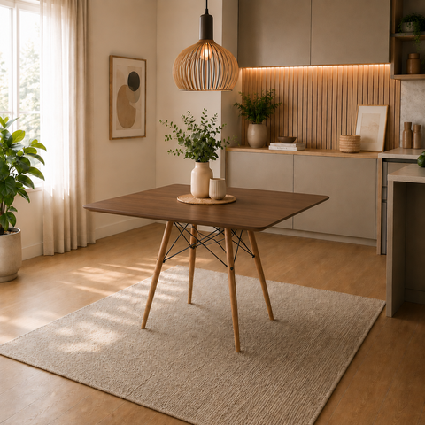 Mesa Sala e Jantar Eames Eiffel Quadrado Tampo de Madeira 90cm Amêndoa