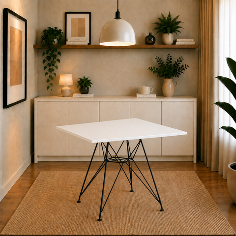 Mesa Eiffel Quadrada 90cm Tampo de Madeira Branco com Base de Ferro Preto