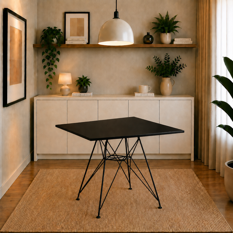 Mesa Sala e Jantar Eiffel Quadrada 90cm Tampo de Madeira Preto com Base de Ferro Preto