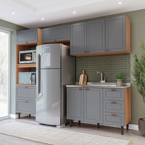 Cozinha Pérola 270cm Completa Modulada 4 Peças Cinza/Freijó Yescasa
