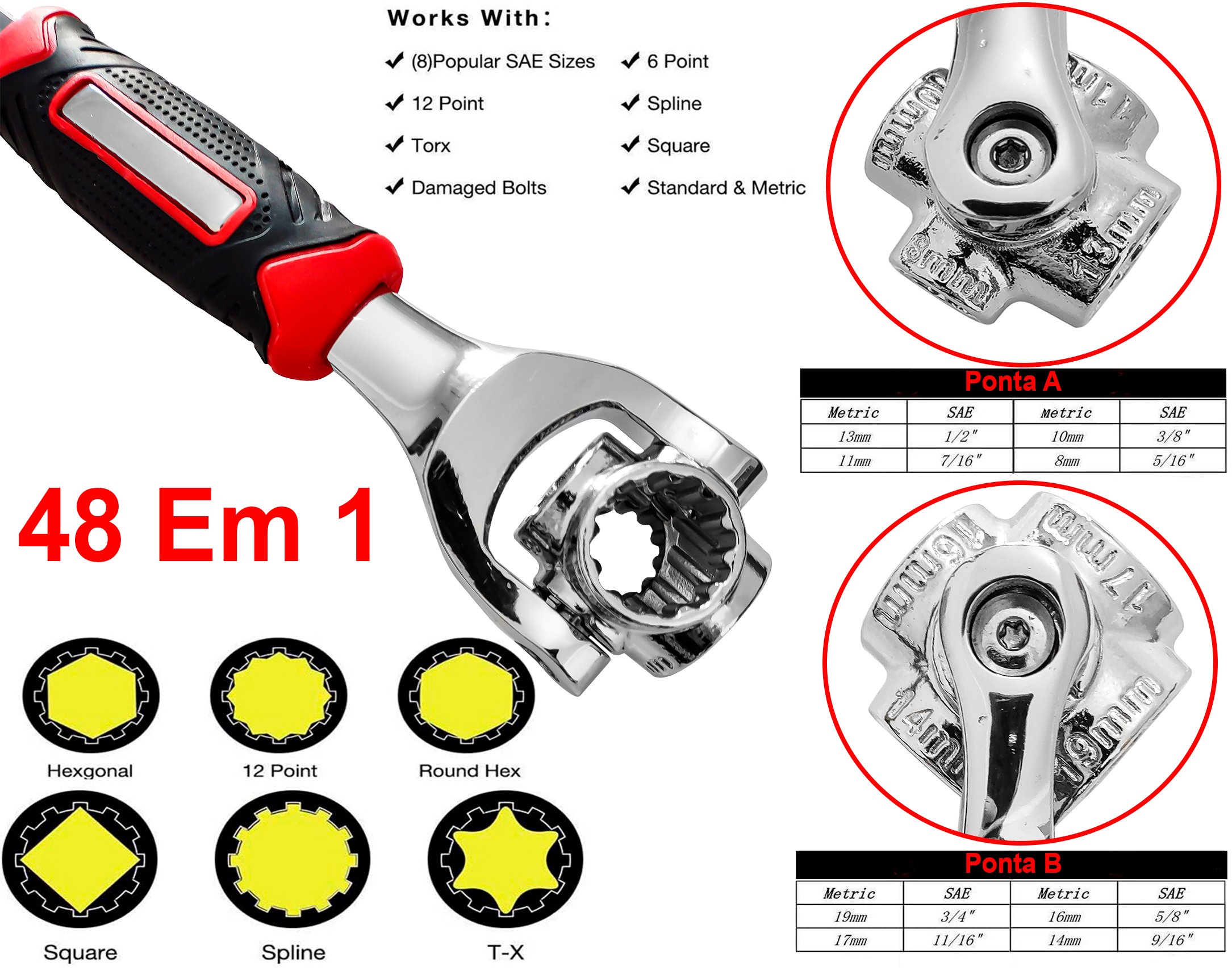 Chave Com 8 Bocas 48 Em 1 Universal - Substitui Kit Completo de Ferramenta Estrela Soquete p/ Parafu - 7