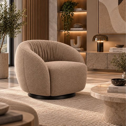 Poltrona Giratória 360° Orgânica Bouclé Sala Recepção Nuvem:Bouclê/Capuccino