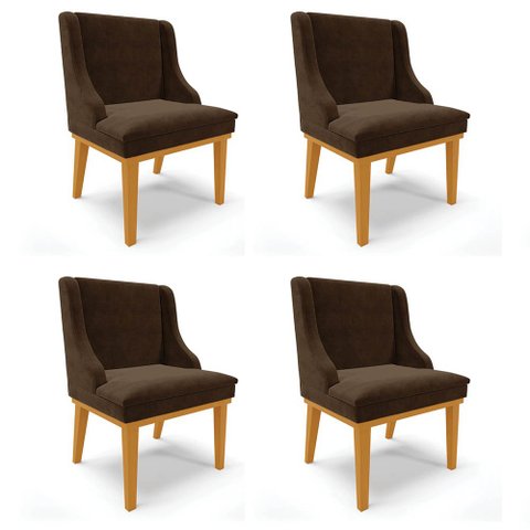 Kit 4 Cadeiras Estofadas para Sala de Jantar Base Fixa de Madeira Castanho Lia Suede Marrom - Ibiza