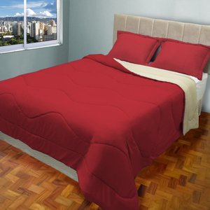 Edredom Malha Dupla Face Casal 220x240 Metros 3 Pçs Avelã com Vermelho Casa Dona