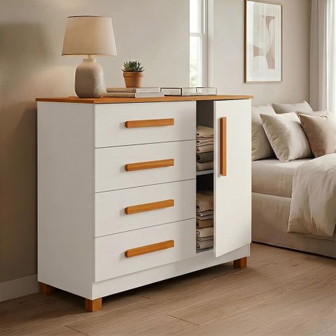 Cômoda Grécia com 4 Gavetas e Porta Nicho Interno Pés Madeira Moderna para Quarto - Branco/nature