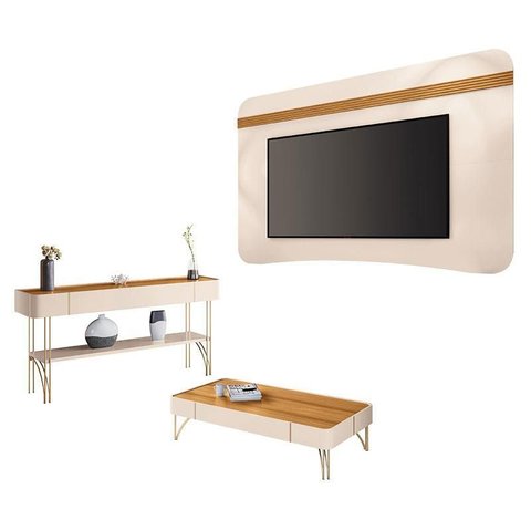 Painel Suspenso Armony Off White Cinamomo com Mesa de Centro Cadenza e Aparador Vivant Off White