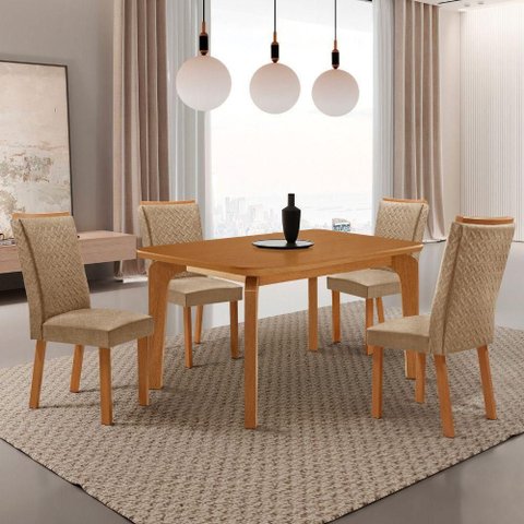 Conjunto de Jantar Liz 4 Lugares Tampo MDF com Cadeiras Estofadas 120cm Moderna