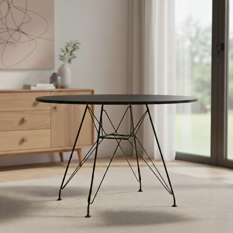 Mesa de Jantar e Sala de Estar Ferro Preto Tampo Redondo Madeira Preto 110cm