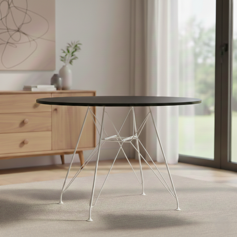 Mesa de Jantar e Sala de Estar Ferro Branco Tampo Redondo Madeira Preto 110cm