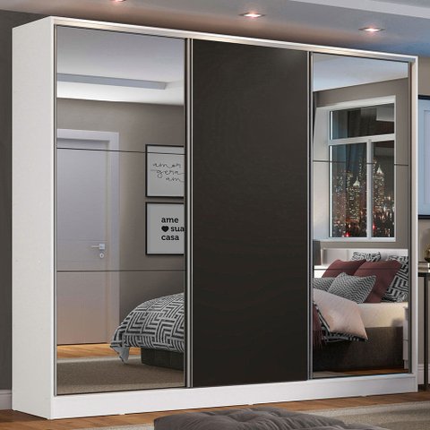 Guarda-Roupa Casal 100% MDF Madesa Zurique 3 Portas de Correr com Espelhos Branco/Preto Cor:Branco/P