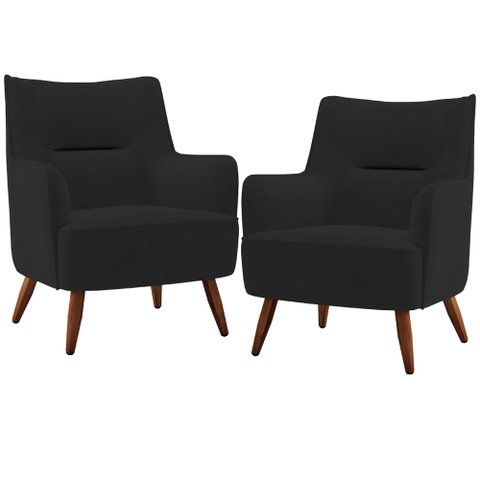 Kit 02 Poltronas Decorativa Fixa Pés de Madeira Isabella D02 Veludo Preto B-300 - Lyam Decor