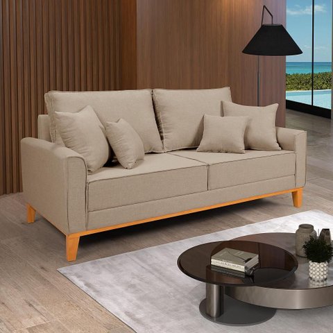 Sofá Beny Living Pés e Base de Madeira Linho Império Estofados