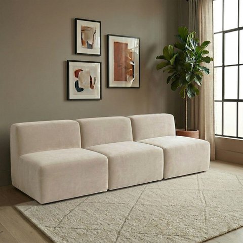 Sofá Modular Boucle Kit 3 Módulos 3 Meios Sofá Reto Espuma Premium Sala a Vácuo 2,31m - Bege