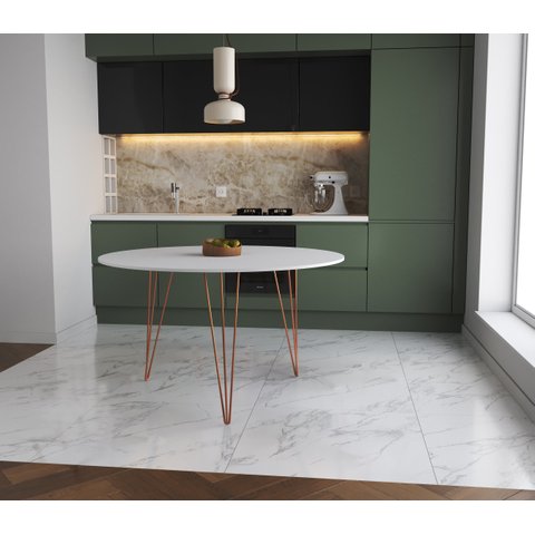 Mesa de Jantar Redonda 110cm Branco Clips 3 Pés Ferro Cobre