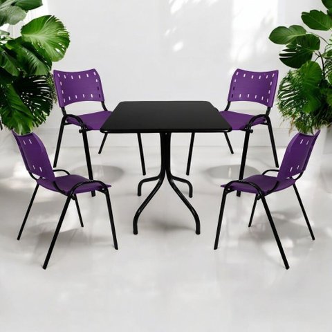 Jogo Mesa 70x70 Preta para Sorveterias e Restaurantes com 4 Cadeiras Iso Roxa