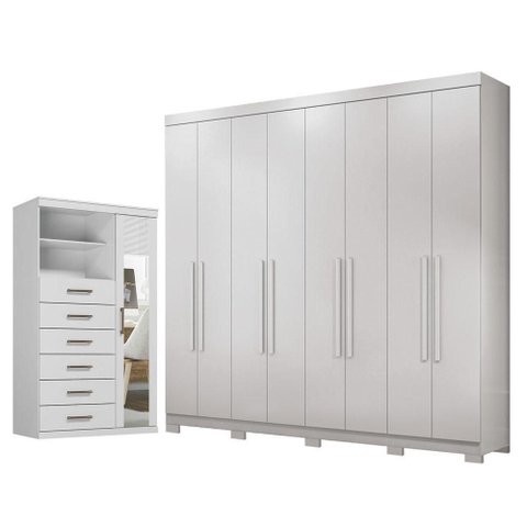 Guarda Roupa Casal Master New 8 Portas de Bater 4 Gavetas com Cômoda Marabá 1 Porta 6 Gavetas