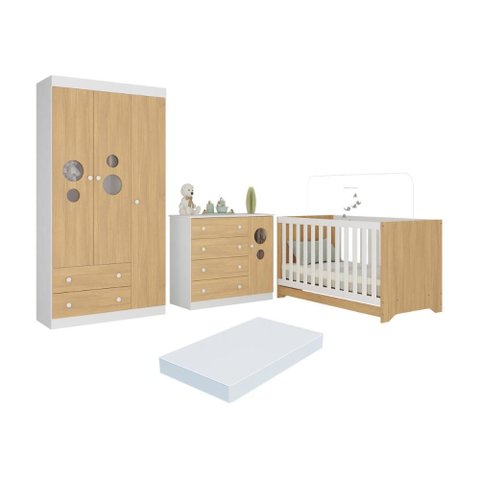 Quarto de Bebê Completo Berço Americano 3 em 1 Colchão Pirulito Multimóveis Mp4637 Branco/