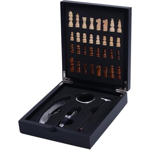 Jogo para Vinho com 4 Pçs e Estojo de Madeira, Inclui Saca-rolhas, Anel Salva Gotas, Termômetro e Bi