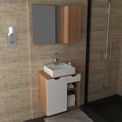 Conjunto Kit para banheiro 80cm com Gabinete espelheira e cuba CJ43018-105 Móvel na Caixa Videira Am