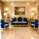 Ver imagem 2 de Jogo de Sofá Classico Azul com Dourado + Par de Poltrona a: 134cm L: 253cm C: 80cm | a: 113cm L: 94C