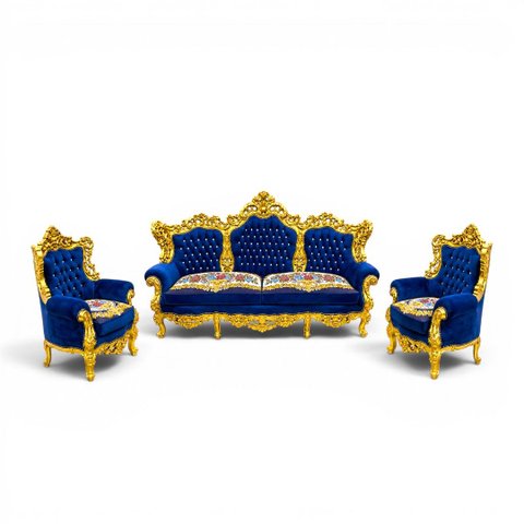 Jogo de Sofá Classico Azul com Dourado + Par de Poltrona a: 134cm L: 253cm C: 80cm | a: 113cm L: 94C
