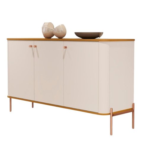 Buffet Aparador para Sala de Estar 3 Portas Pés em Aço - Off White Nature Bronze
