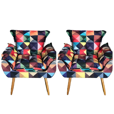 Kit 02 Poltronas Opala Suede Estampado Triângulo Pés Palito