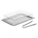 Ver imagem 1 de Kit Porta Frios 3 Peças Inox Empilhável (bandeja 27cm X 18,5cm / Cúpula 23cm X 18cm X 5,8cm e Pin