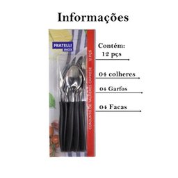 Conjunto jogo de Talheres plástico e inox preto kit 12 peças - 2