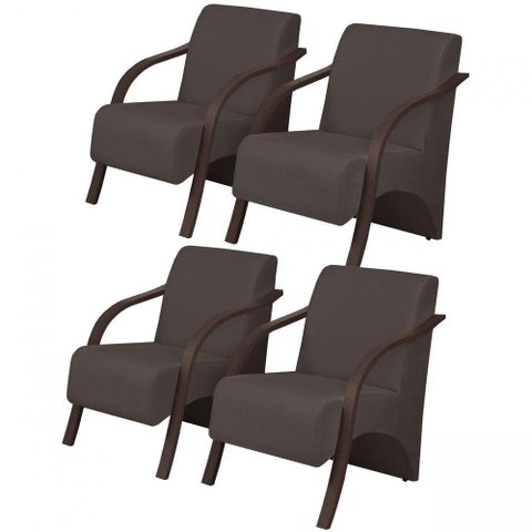 Kit 4 Poltronas Vênus 1 Lugar Braço Madeira Marrom