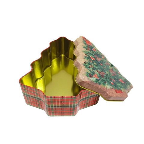 Lata Decorativa Natalina Multiuso Metal com Tampa Formato Árvore de Natal Verde e Vermelho Xadrez 18