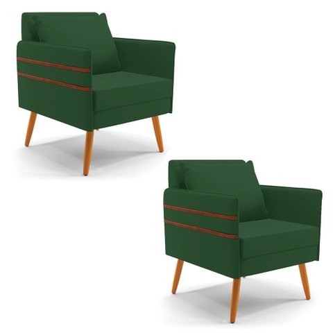 Kit 02 Poltronas Mari Veludo Verde Pés Palito Castanho - D’Rossi