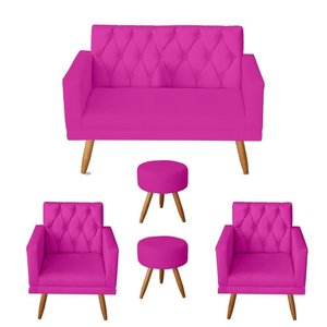 Kit Sofá 2 Lugares e 2 Poltrona Para Sala Bianca Capitonê Rodapé e 2 Puff Redondo Corino Pink -