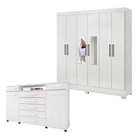 Cômoda London e Guarda Roupa Casal Prático Branco com Espelho - Demóbile