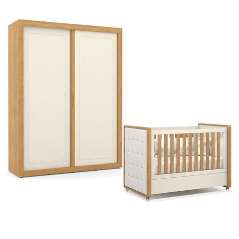 Berço Americano Capitonê New Boucle e Guarda Roupa Tutto New 2 Portas Freijó Off White - Matic