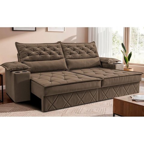 Sofá Retrátil e Reclinável 2,10m com Porta Copos e Molas Cosmos Velusoft Castor Cama Inbox