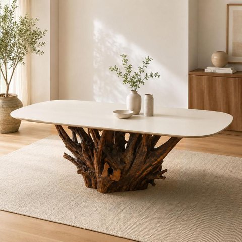 Mesa Jantar 180cm 6 Lugares Base de Raiz Natural com Tampo Oval 100% MDF Cor:Off White e Raiz