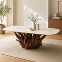 Ver imagem 1 de Mesa Jantar 180cm 6 Lugares Base de Raiz Natural com Tampo Oval 100% MDF Cor:Off White e Raiz