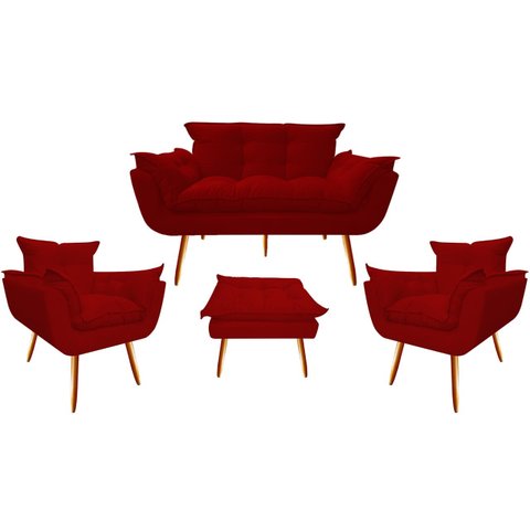 Kit Namoradeira + 2 Poltronas + 1 Puff Decorativo Opala Suede Vermelho Pés Madeira Mz Decor