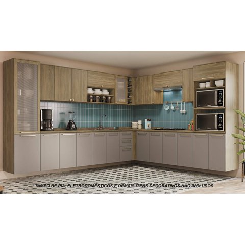 Armário de Cozinha Modulada Completa de Canto 18 Peças 3,49x2,88m Botanic Kappesberg