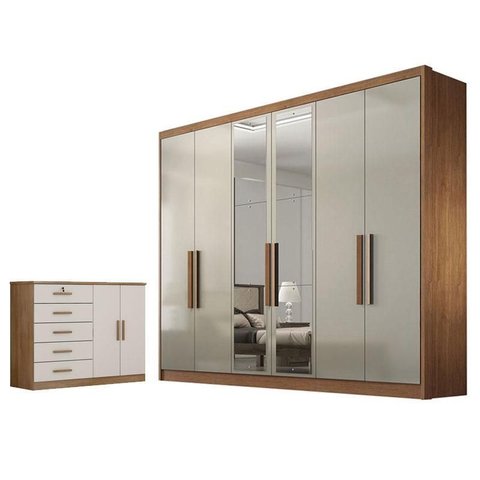 Guarda Roupa Casal Linea com Nicho e Espelho com Cômoda Seul Cumaru 25 Fendi - Novo Horizonte