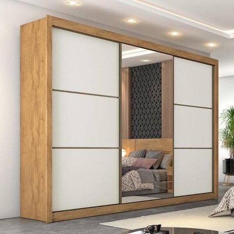 Guarda-Roupa Roupeiro Braga 3 Portas com 1 Espelho 100%Mdf - Amendoa/Off-White - Europa