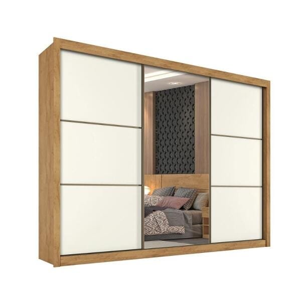 Guarda-Roupa Roupeiro Braga 3 Portas com 1 Espelho 100%Mdf - Amendoa/Off-White - Europa - 2