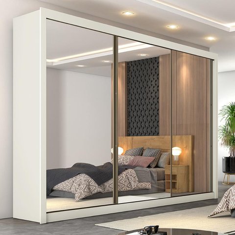 Guarda-Roupa Roupeiro Braga 3 Portas com Espelhos 100%Mdf - Off-White - Europa
