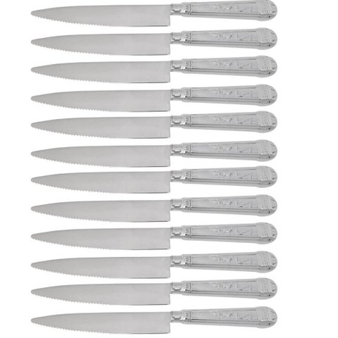 Jogo 12 Facas Mesa Churrasco 24cm Prateada Aço Inox Serrilhada Carne
