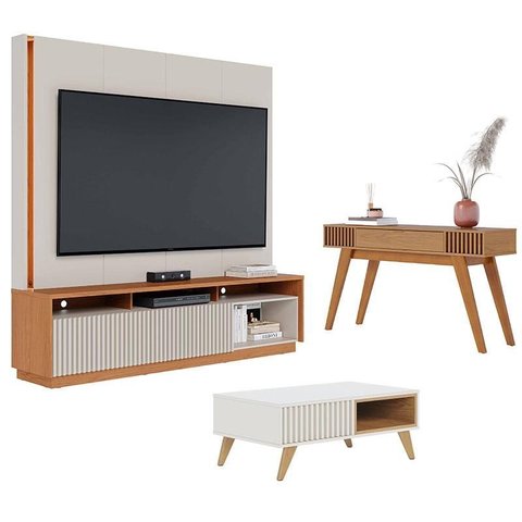 Estante Home Theater Jordão com Mesa de Centro Jeri Off White Freijó e Aparador Riviera Freijó – Col