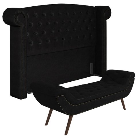 Cabeceira Cama Box King 195cm Provença e Recamier Veneto P02 Sintético Preto - Mpozenato