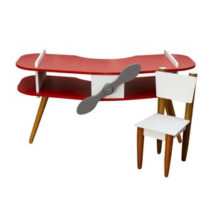 Conjunto Mesa e Cadeira Infantil Pés Palito Formato Avião:vermelho-branco-marrom